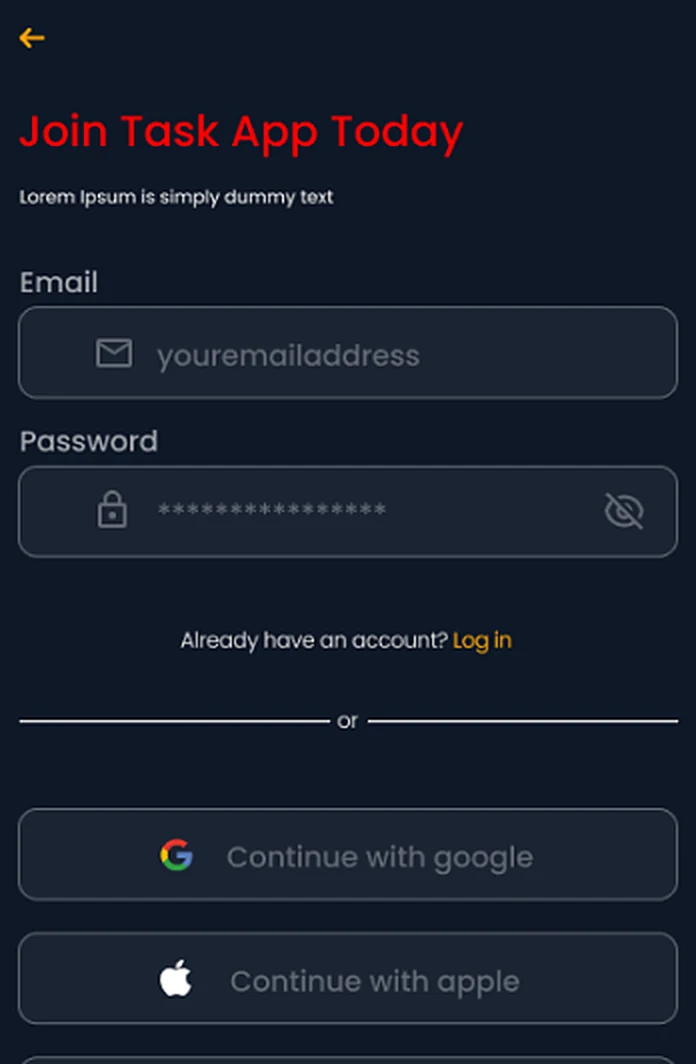 GIG FMI sign-up screen with email, password and social sign-in options